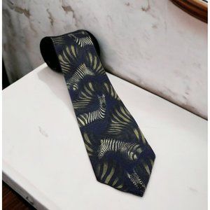 National Geographic Silk Necktie Zebras Wildlife Safari USA Black White Blue